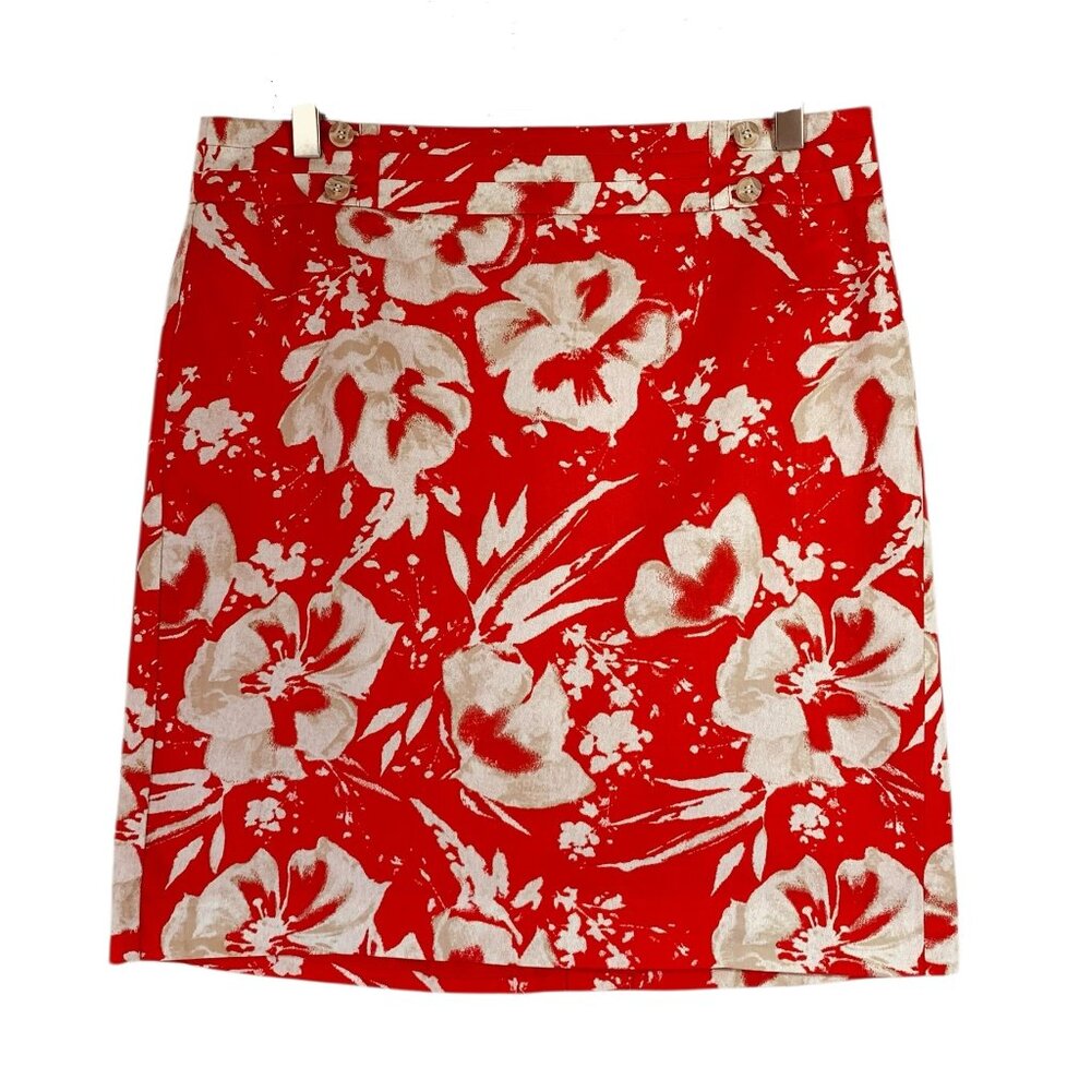 LOFT Red Floral Pencil Skirt Above Knee Boho Buttons Back Slit Beige Size 8